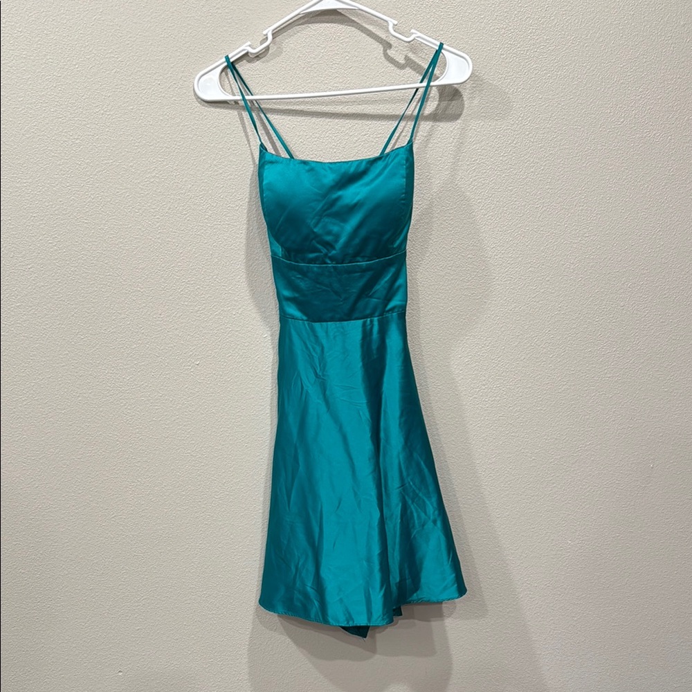 Elegant Lace Up Teal Spaghetti Strap Fit and Flare Dress